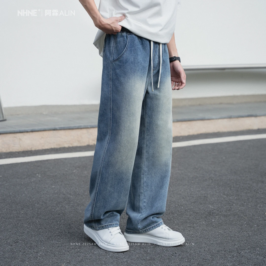 【阿霖ALIN】秋冬立体竹节复古蓝水洗牛仔裤宽松休闲百搭加长直筒裤