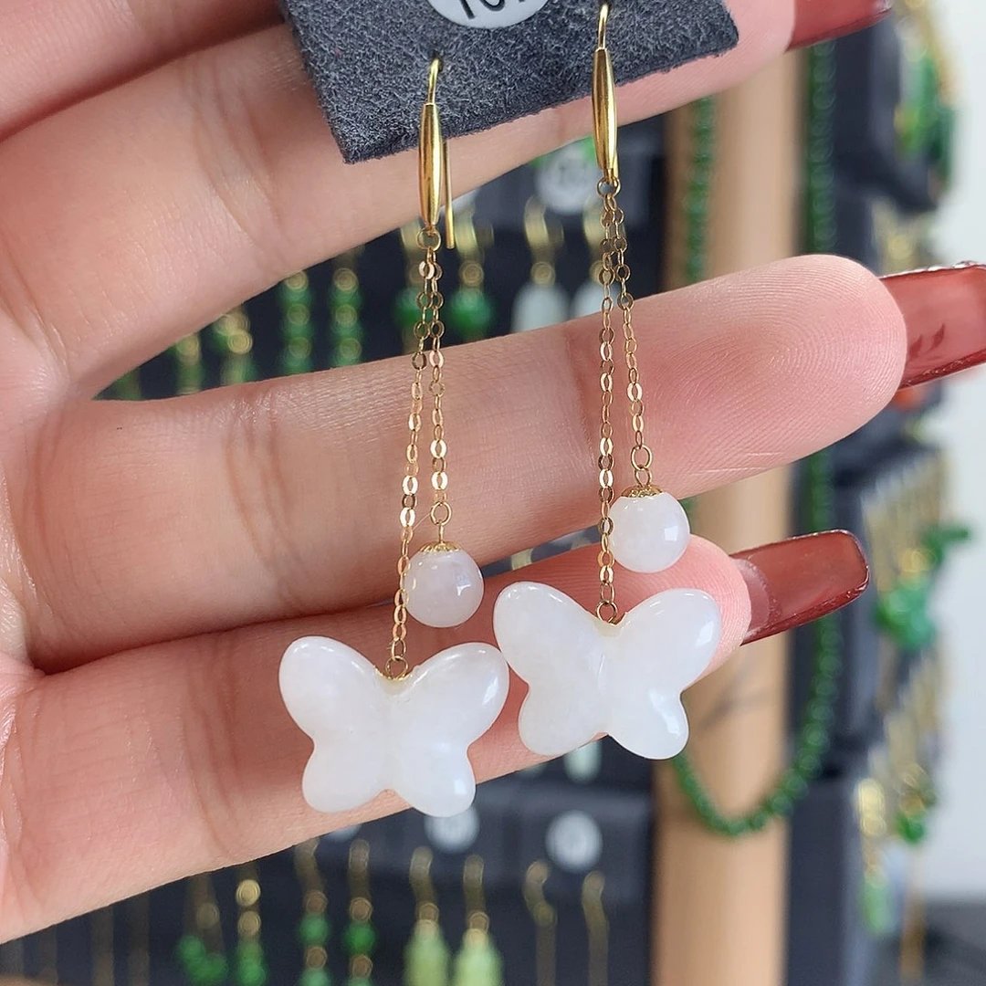 和田玉耳饰18K金镶嵌107