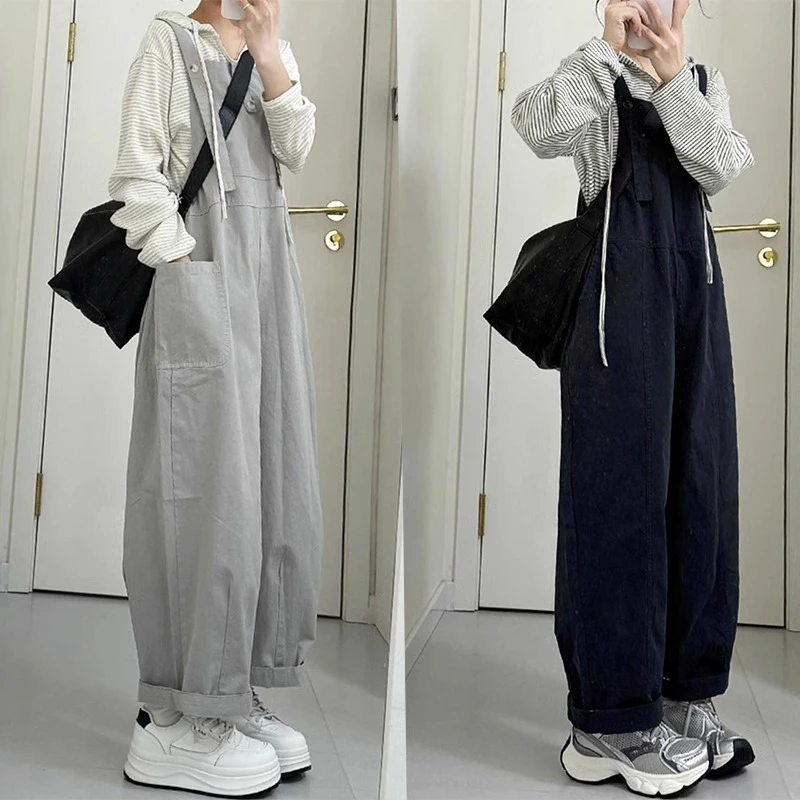 春夏季新款灰色工装背带裤女2025小个子宽松减龄日系阔腿连体裤子