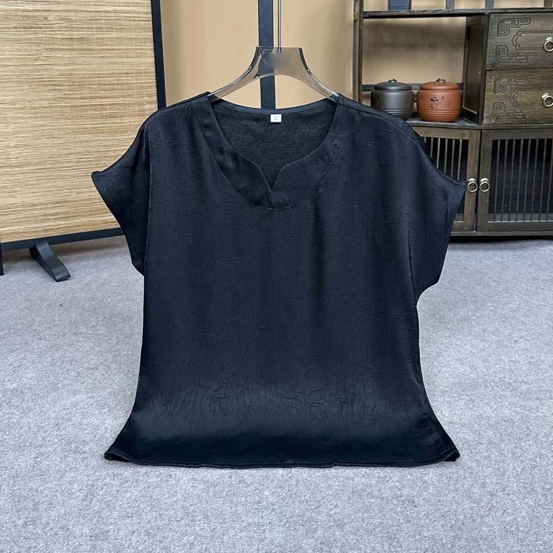 1523套装T恤新中式宽松圆领复古提花中国风短袖蝙蝠袖