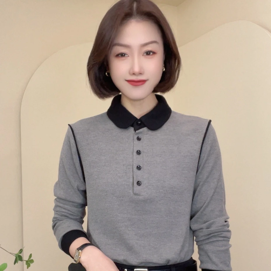 9350春季新款潮流拼色长袖时尚显瘦休闲上衣气质女士修身小衫百搭