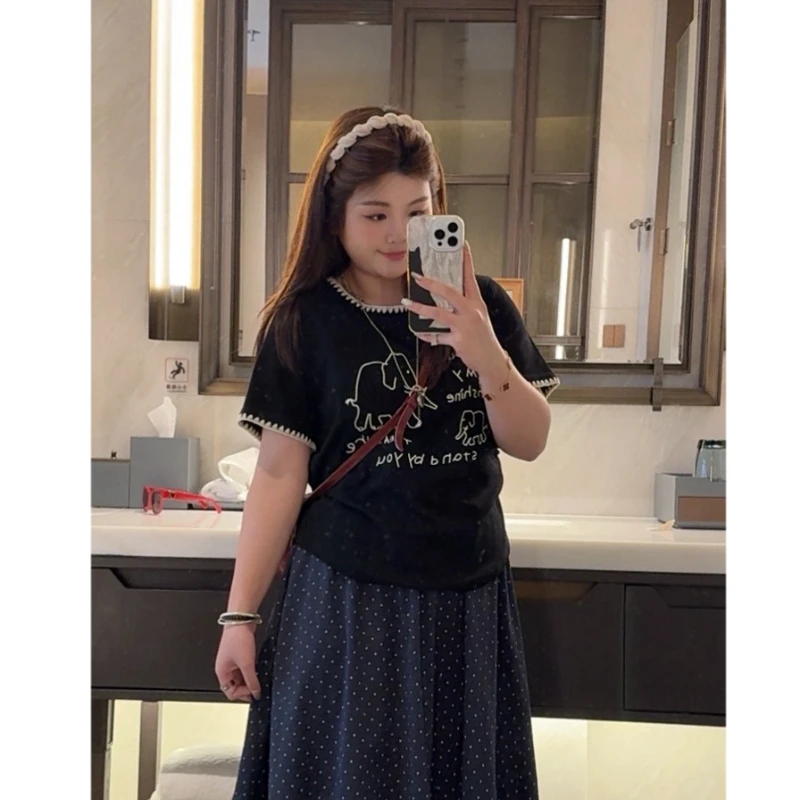 2025夏季新款夏装大码胖mm圆领正肩设计感刺绣防晒套装T恤上衣女