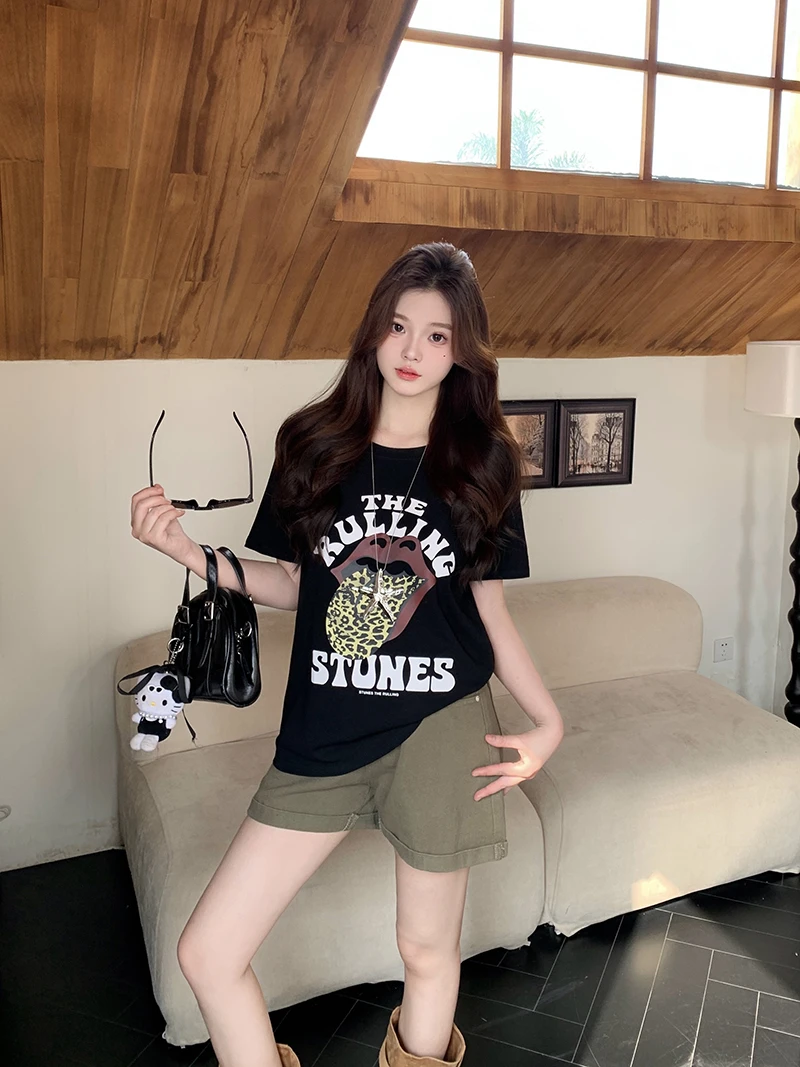 2025夏装新款胖mm大码女美式复古豹纹嘴唇印花宽松短袖T恤A1379