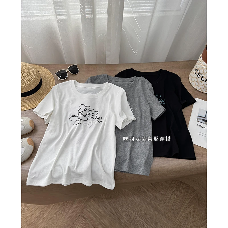 【夏日小花】韩版简约重工刺绣小花百搭显瘦T恤女宽松休闲短袖夏薄