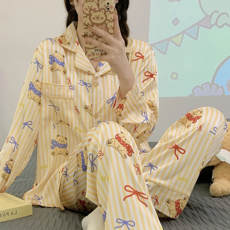 夏季薄款冰雪丝睡衣女甜美套装长袖长裤少女减龄显瘦家居服可外穿