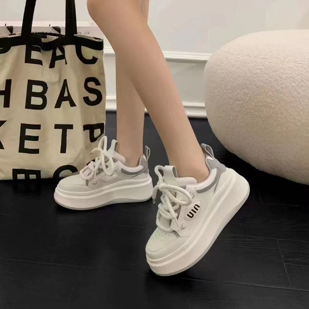 C1712 米灰 时尚厚底圆头系带超轻女休闲运动鞋