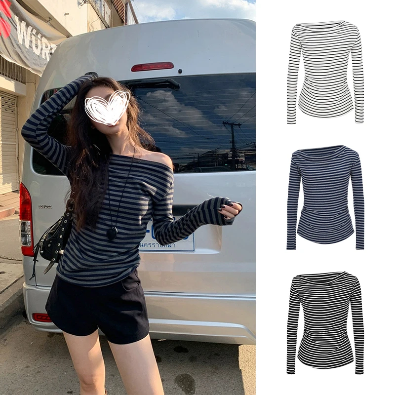 Moses Queen/魔西女王韩式慵懒一字肩条纹款长袖t恤早春斜肩上衣