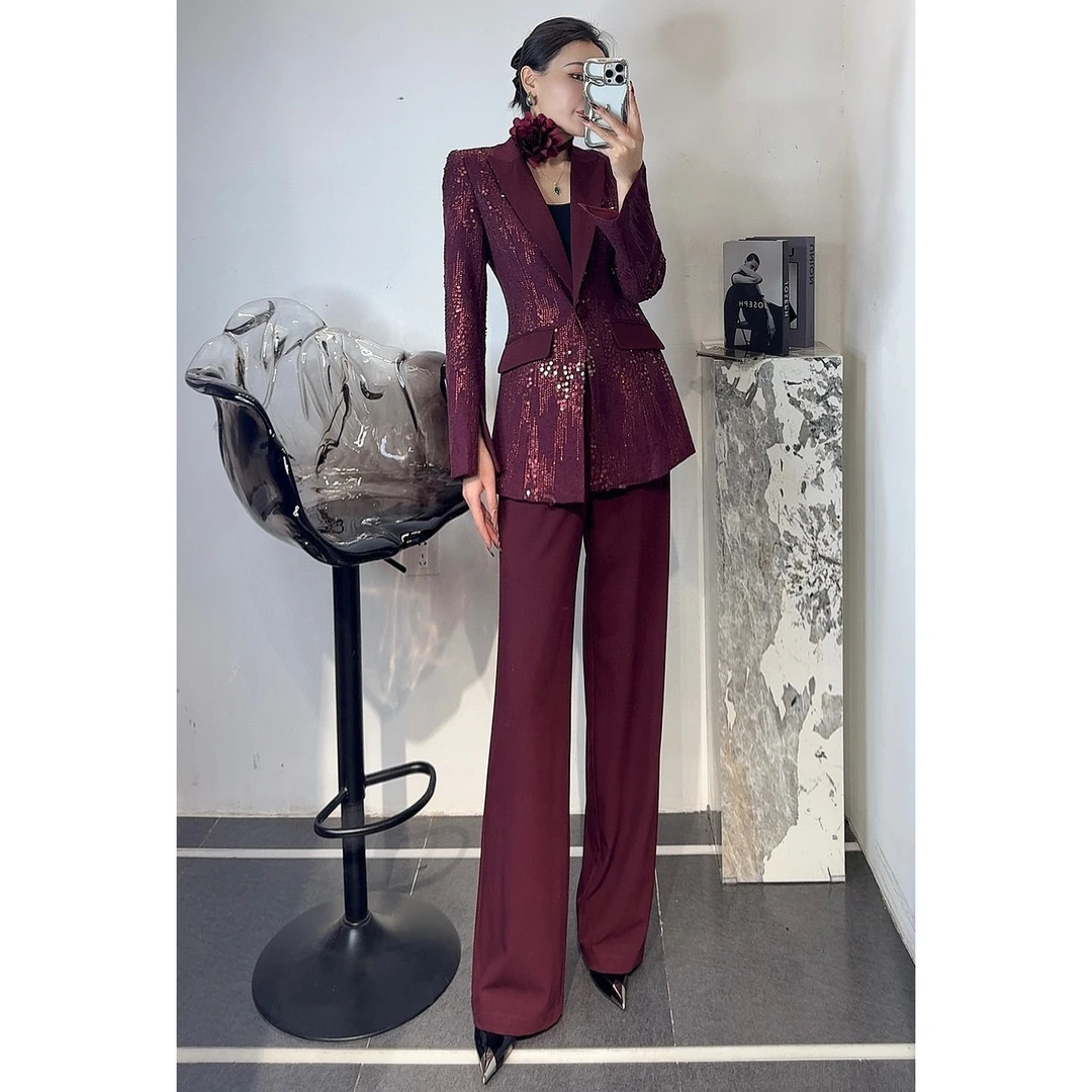 ZEROYK欧货高定职业装2025春季高级感重工亮片撞色西服长裤两件套