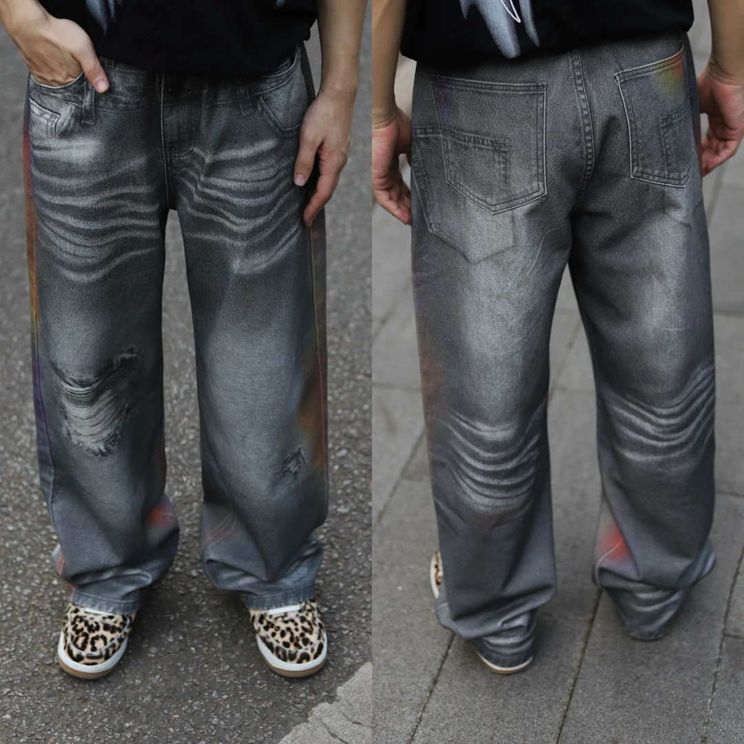 KZDALL原创设计双裤头黑牛仔裤3D打印美式潮流直筒长裤休闲男女