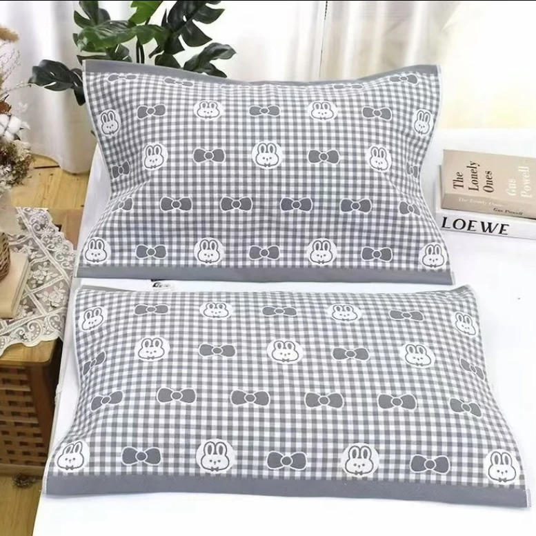 【木帛织物】 灰兔结一对装 花边直边纱布简约枕巾 加厚简约家用