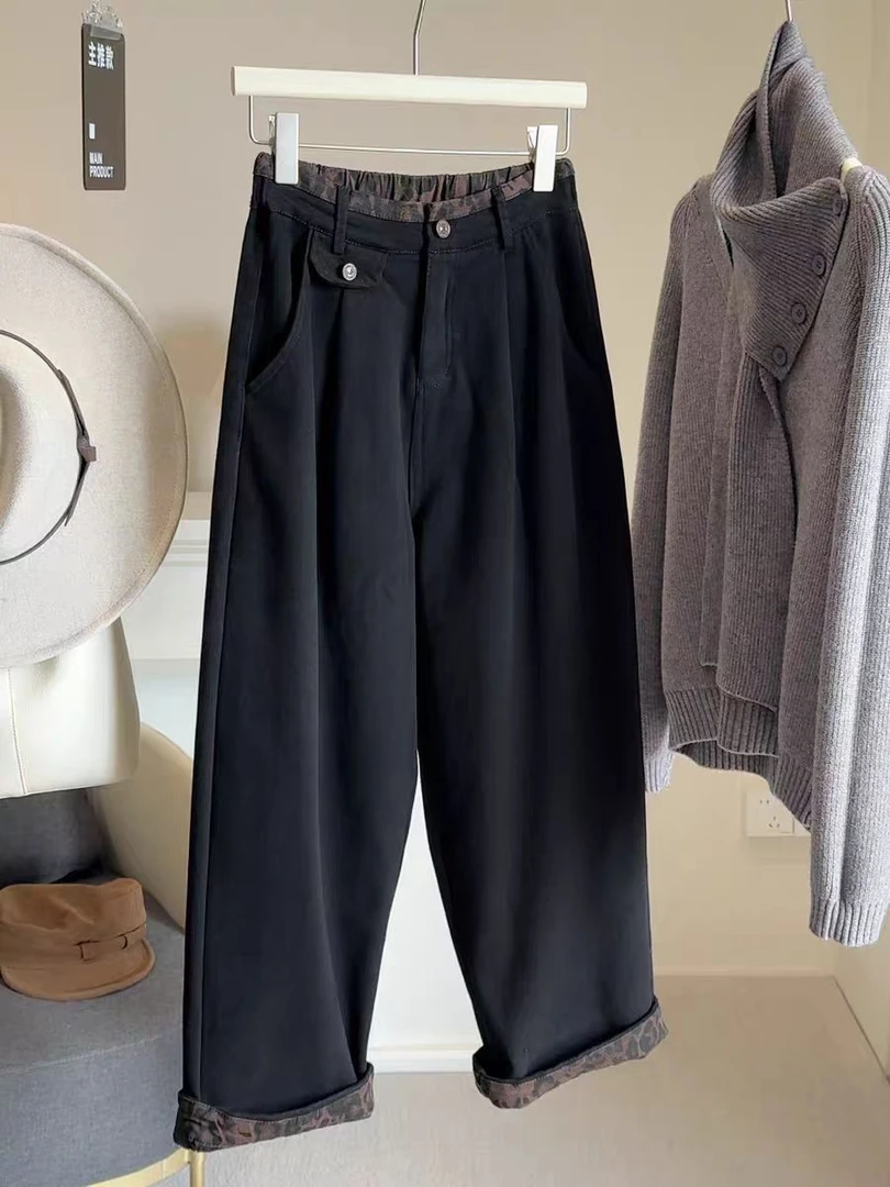 2025冬季新款加绒加厚哈伦牛仔裤遮胯宽松梨形显瘦百搭休闲时尚