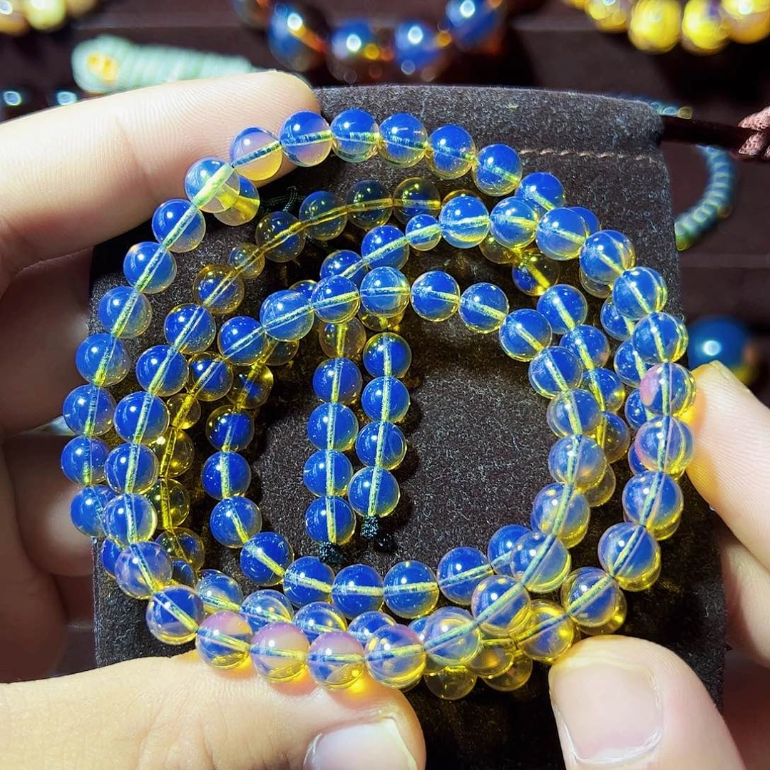 蓝珀珠宝奇石未镶嵌墨西哥7mm蓝珀108佛珠项链