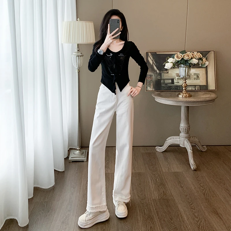 春秋新款时尚休闲多巴胺减龄套装女打底衫长袖高腰牛仔长裤两件套