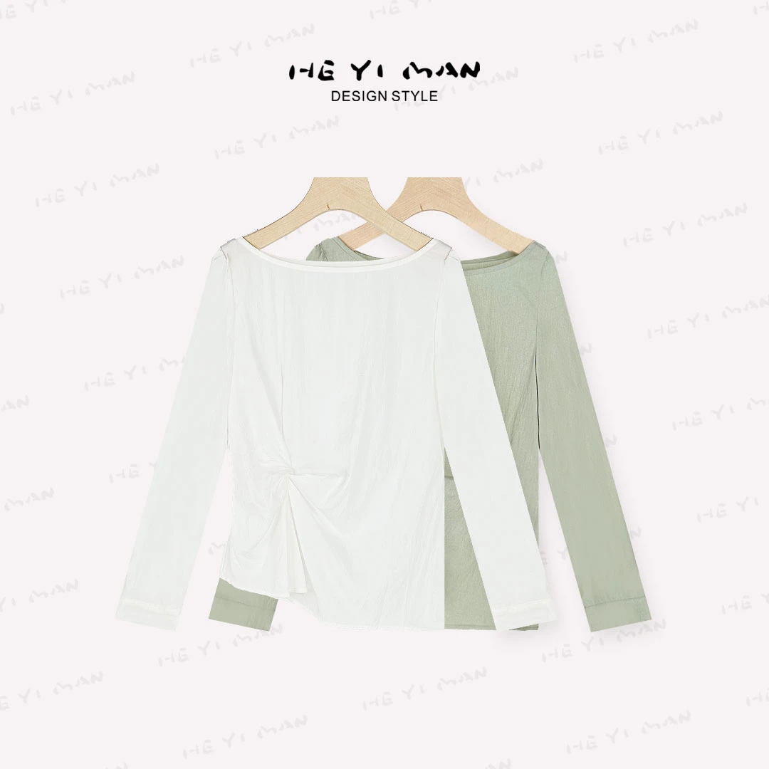 【何以慢】天丝混纺设计感收腰大领口一字领上衣长袖衬衫A1-A5359