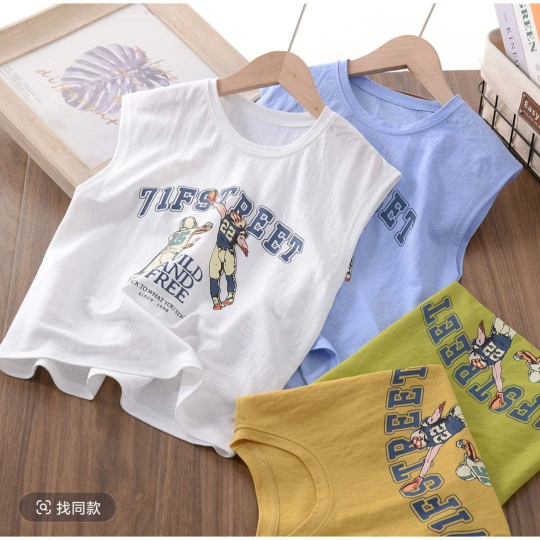 男童夏季新款薄款柔软冰丝麻面背心中大童卡通印花无袖上衣6098