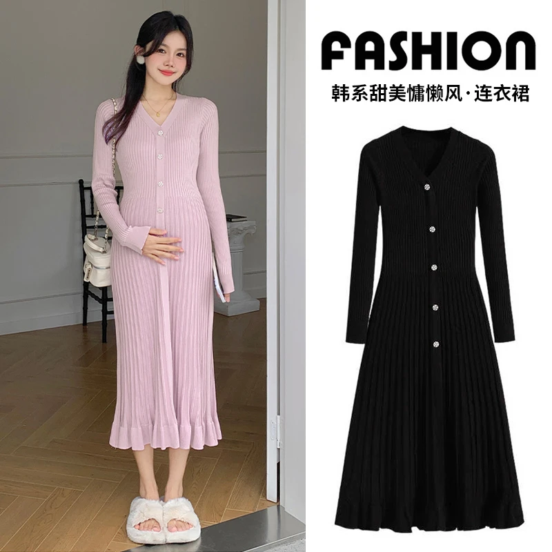 孕妇连衣裙2025秋季韩版新款时尚甜美小香风中长秋冬款针织毛衣裙