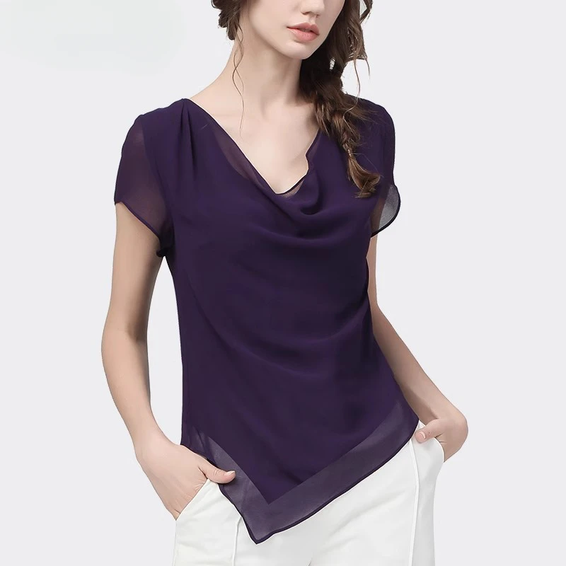 雪纺上衣女夏短袖气质不规则紫色显瘦v领洋气SC15596