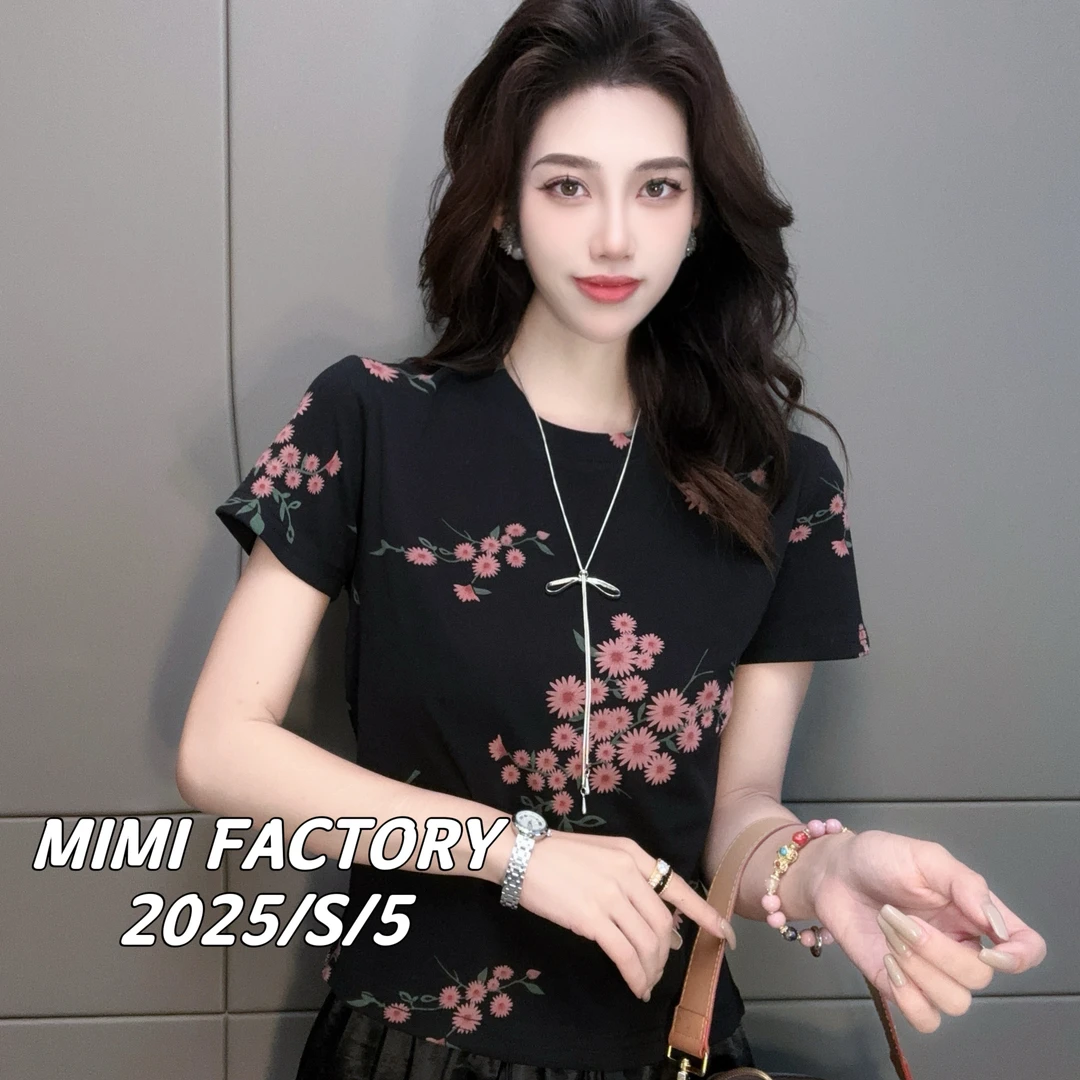 -2025夏季新款 欧货满印花朵短袖T恤女修身显瘦时尚百搭5021#