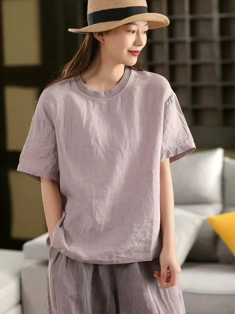 100%亚麻上衣复古敦实拼接螺纹圆领T恤纯色夏季休闲文艺