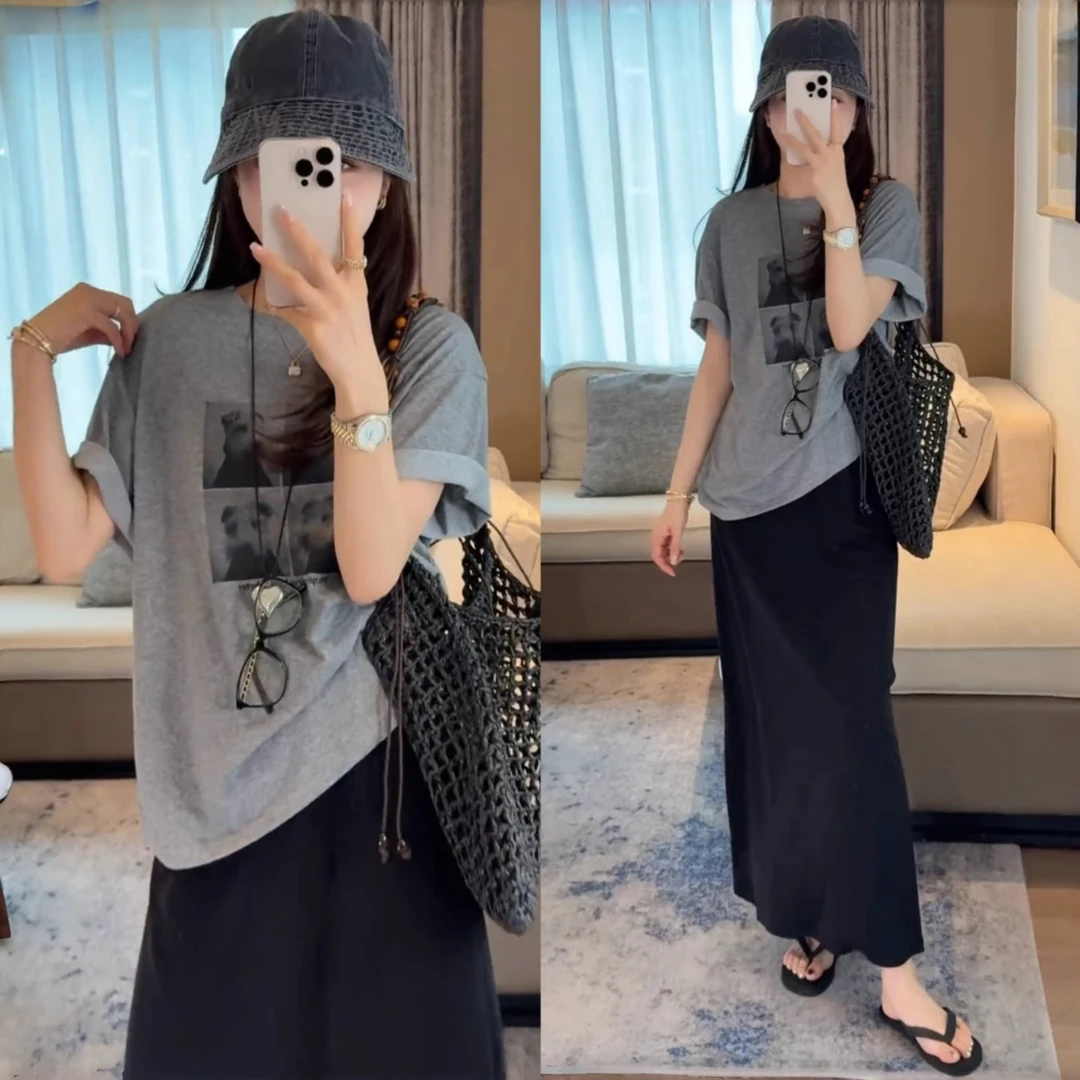 夏季减龄一整套穿搭中长款宽松慵懒风印花短袖T恤开叉半身裙套装