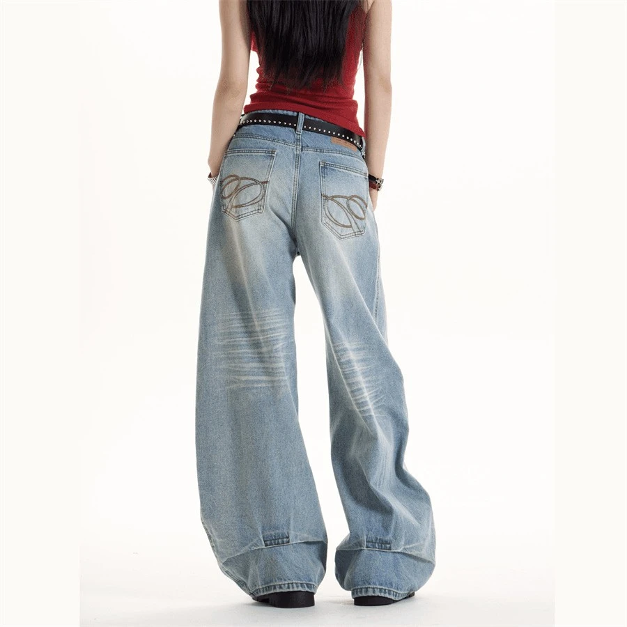 韩版复古口袋刺绣美式辣妹弯刀牛仔裤水洗百搭ins宽松显瘦阔腿裤