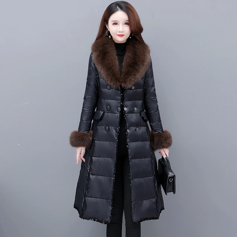 中长款大毛领羽绒服女2025年冬季新款气质修身黑色加厚白鸭绒外套