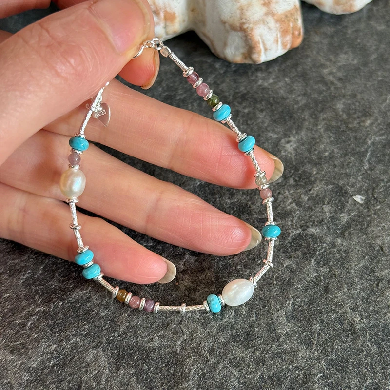 925纯银天然珍珠松石碧玺手链女简约手工设计时髦百搭手环