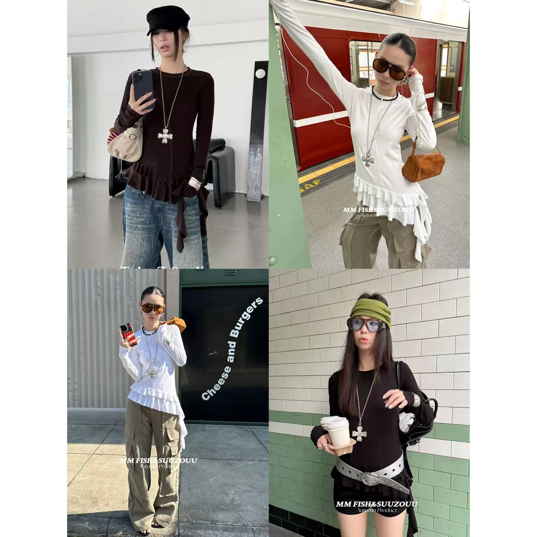 【NO退NO换】 馒头（1mtt516#）推荐-修身斜裁剪花边下摆百搭T恤 10-8