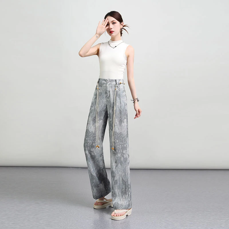 【夏季上新】墨染亚 麻天蚕 丝新中式松紧腰薄款凉感显瘦直筒阔腿裤