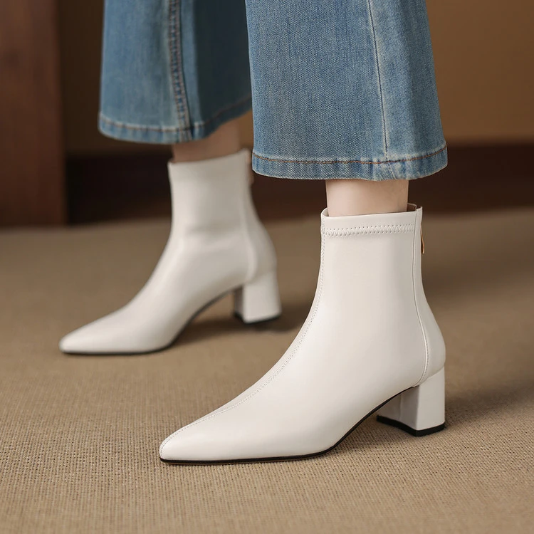 5cm~法式极简风粗跟尖头瘦瘦短靴女2025秋冬新款百搭显瘦弹力短靴