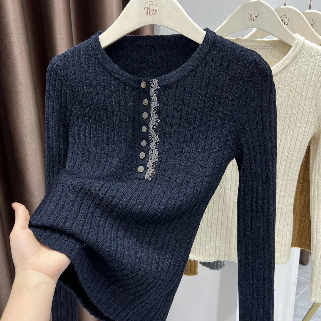 气质显白藏青色圆领修身针织衫秋冬新款正肩百搭显瘦毛衣打底T恤
