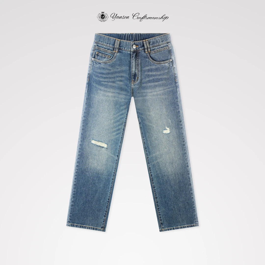 【黑标系列】重工做旧水洗美式微破洞直筒深蓝牛仔裤长裤 YS137