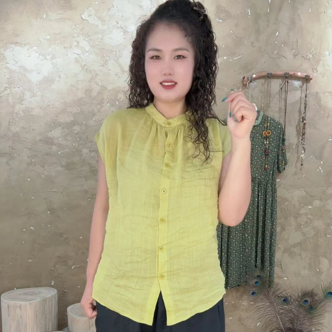 两面穿苎麻衬衫 2025夏季新款 前后两穿无袖上衣女设计感衬衣