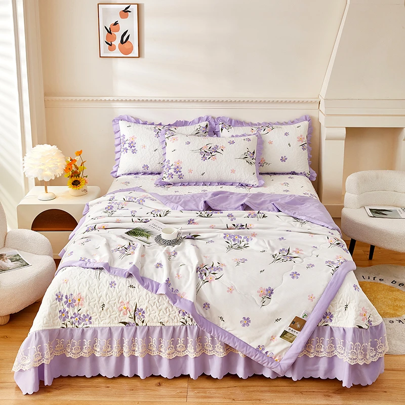 床盖夏被四件套夏凉被空调被双人薄被夹棉花边床裙防滑床上用品