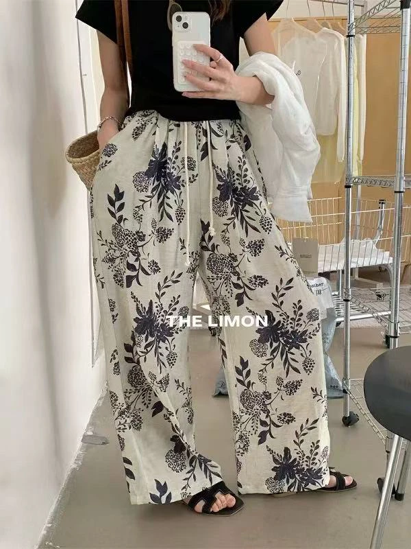 【肉总】复古文艺冰丝显瘦印花休闲裤5829