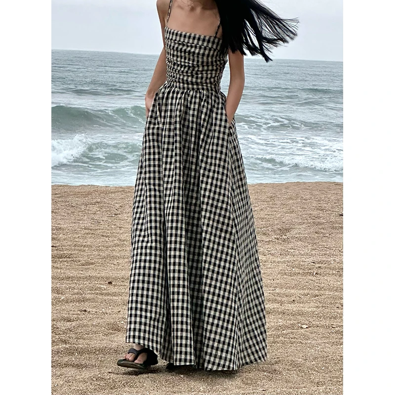 VENUIE 格子吊带连衣裙收腰显瘦法式高级感气质长款连衣裙长裙