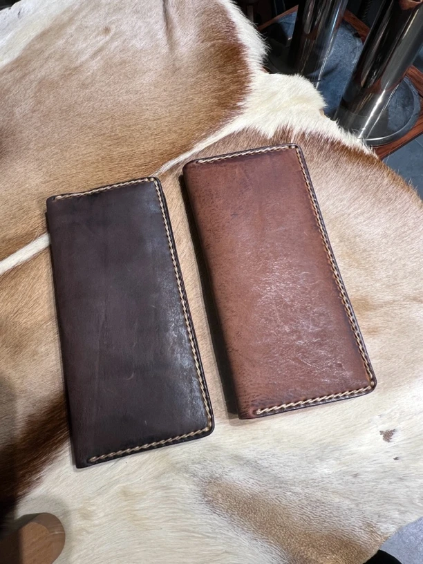 复古风牛皮对折长夹手工缝制