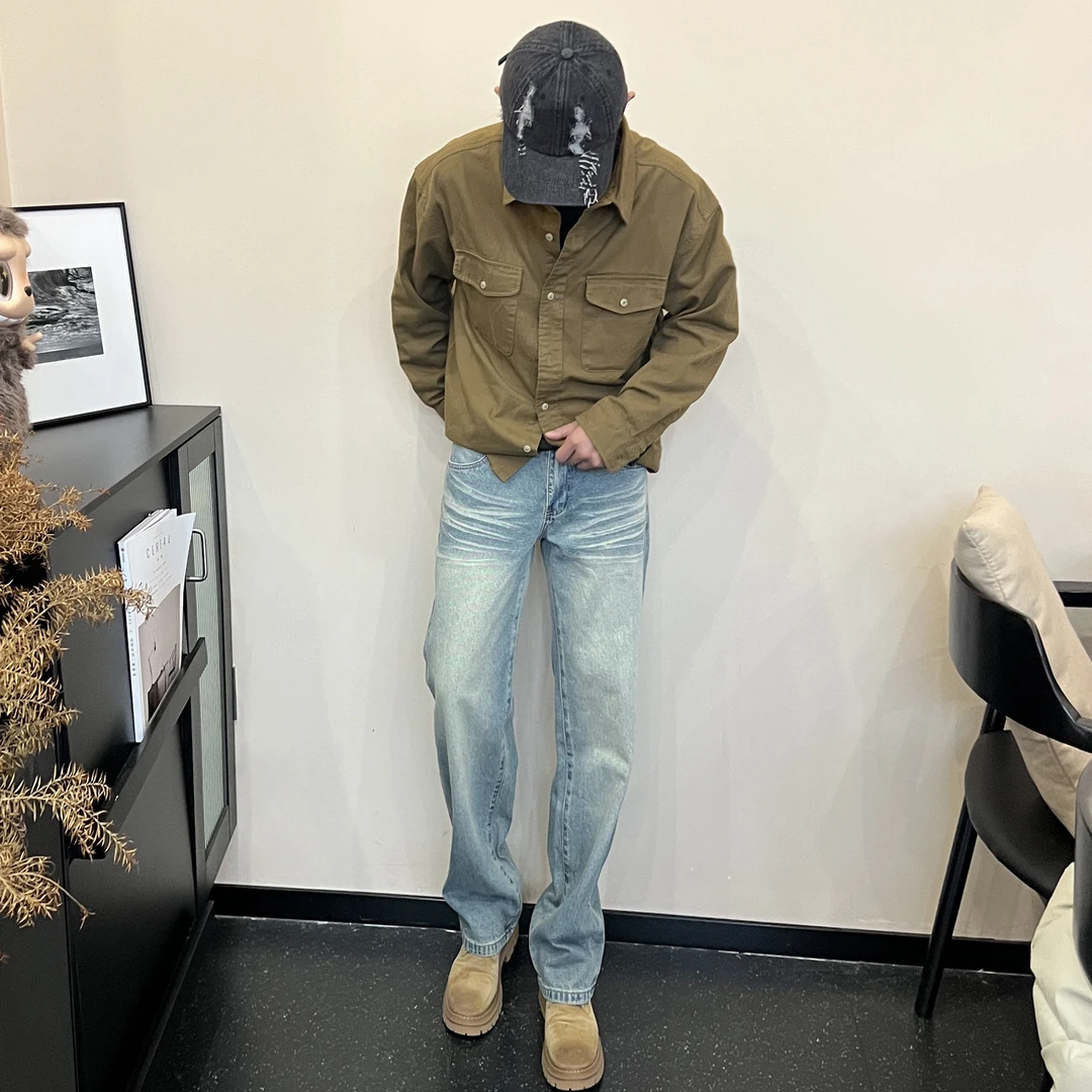 【KUAAO】春季黄泥Cleanfit蓝色美式复古直筒宽松牛仔裤百搭-0023