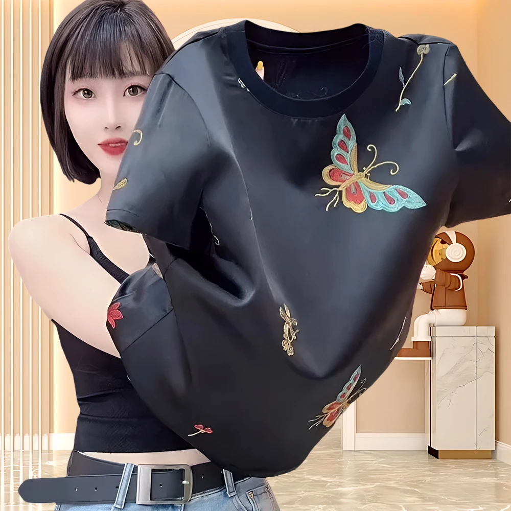 网红洋气炸街女装女式圆领T恤2025夏高级感重工蝴蝶国风短袖T恤女
