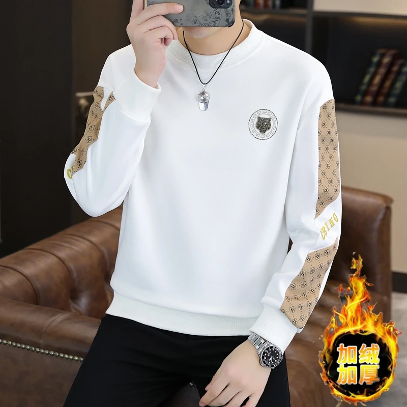 秋冬季男士长袖t恤加绒加厚圆领内搭打底体恤衫潮流卫衣保暖上衣