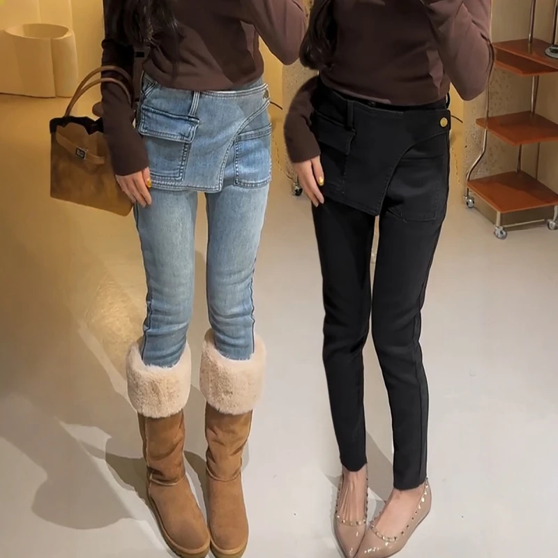 秋冬新款高腰显瘦加绒九分铅笔裤子假两件拼接设计感小脚牛仔裤女