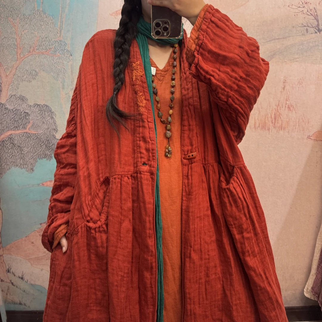 2093  春秋文艺风衣 肌理麻 纯色宽松大码长款开衫 洋气女士外搭