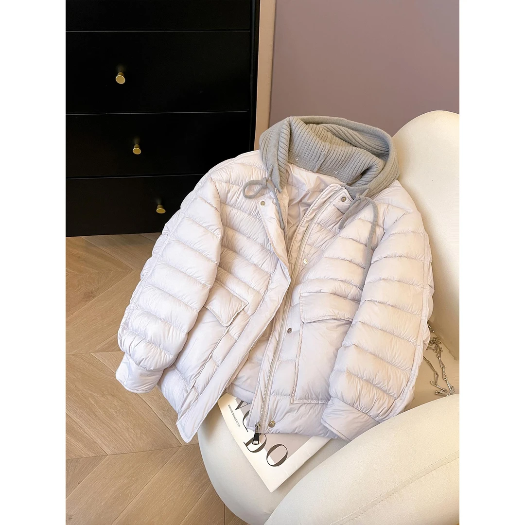 小C家 排骨羽绒服女款冬季2025新款宽松设计感可拆卸针织连帽外套