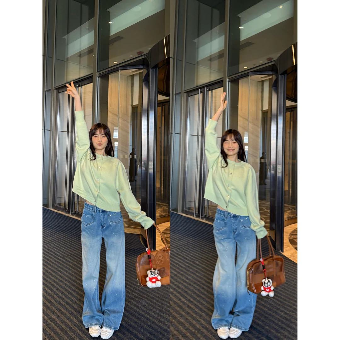 井迪儿【晕染的天空】95%棉欧式百搭宽松直筒渐变烫钻牛仔裤长裤