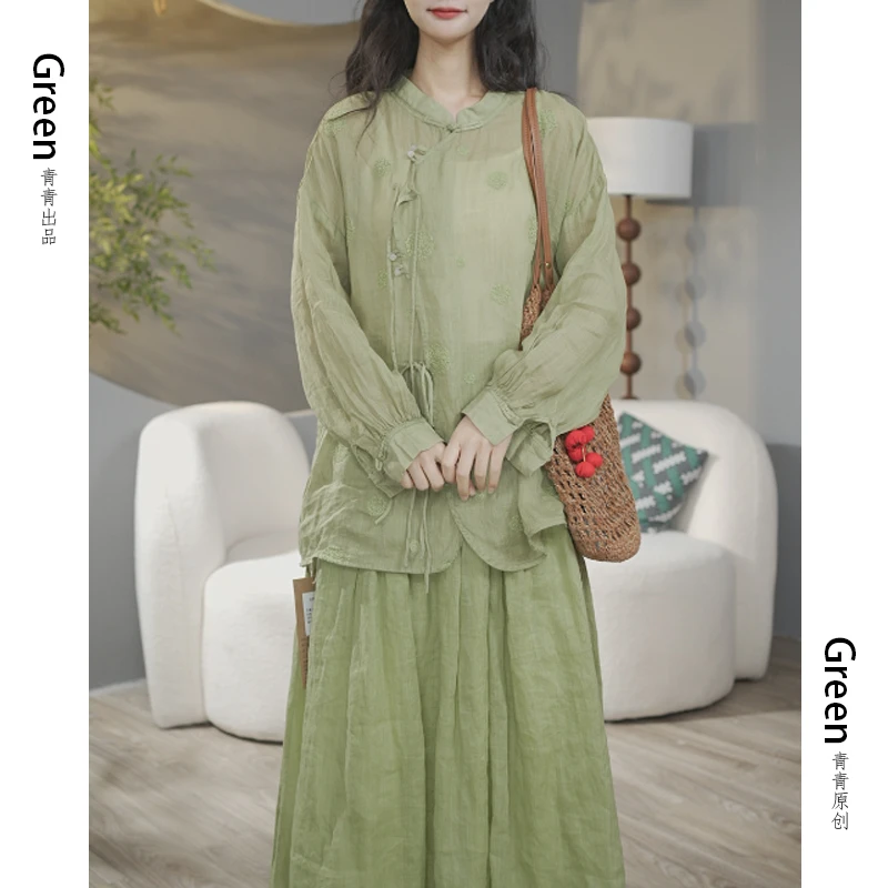 6248原创新款设计斜襟苎麻刺绣抽绳上衣长袖衬衫