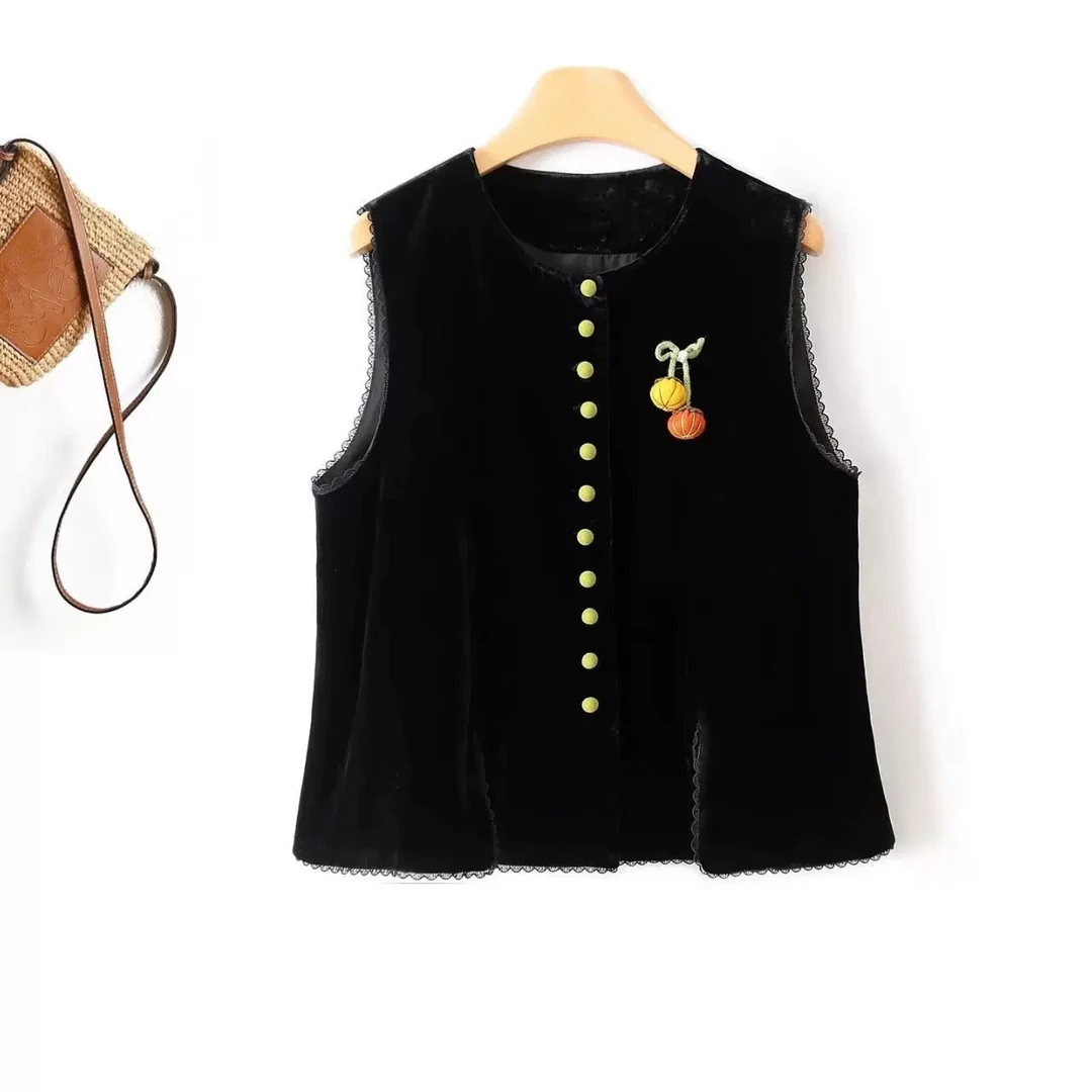 【SR南瓜马甲】高端新中式国风醋酸丝绒单排扣蕾丝花边圆领马甲胸针