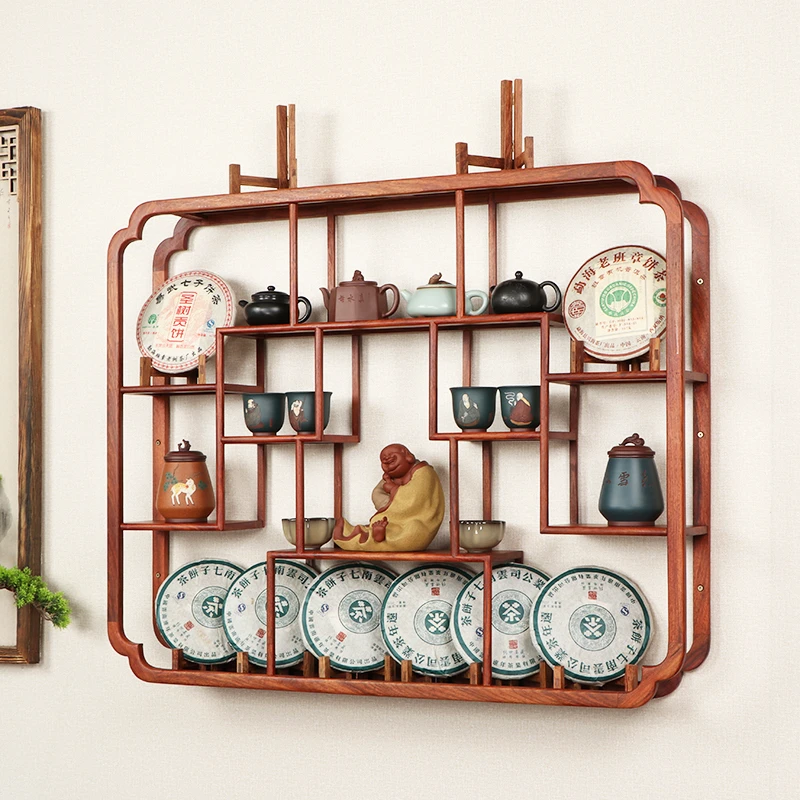 中式挂墙架实木多宝格茶具展示架壁挂墙上博古架置物架茶室装饰架