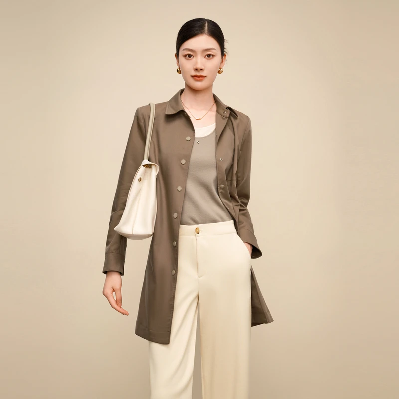 敦奴dunnu气质时尚休闲女士收腰中长款设计师风衣外套8U3F2102