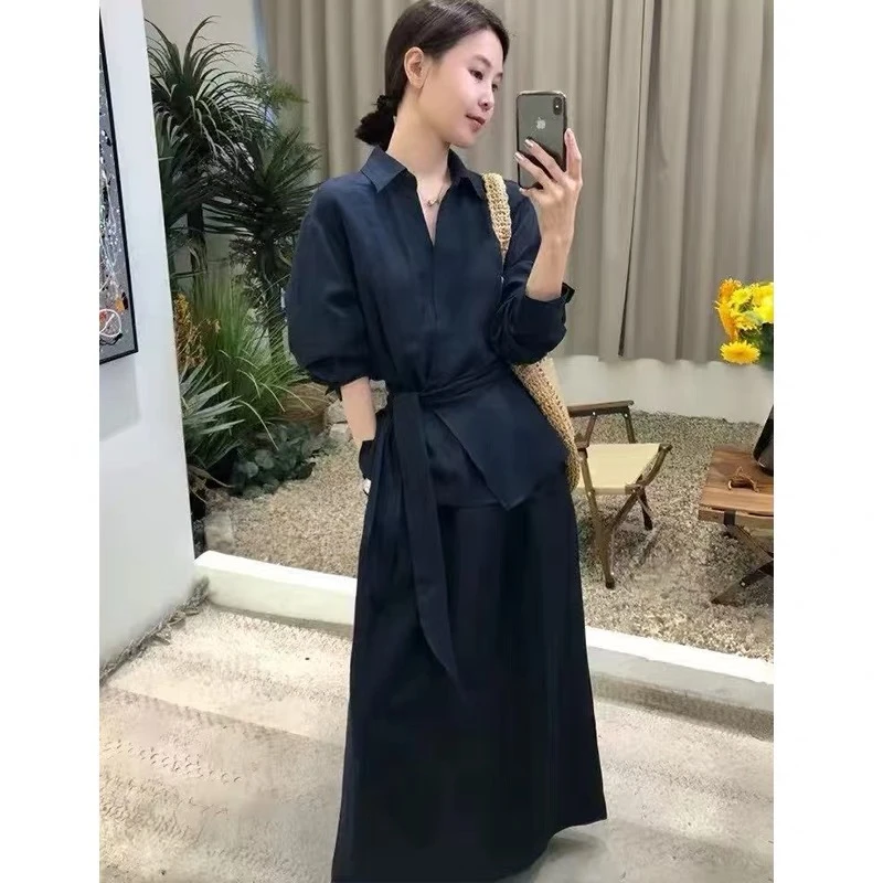 高知风清冷松弛感穿搭长袖衬衫半身裙两件套装轻奢高级感女人味夏