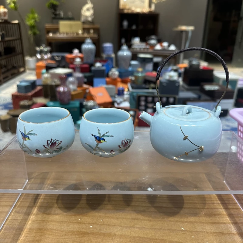 锔钉天青汝提梁壶+两杯@3358